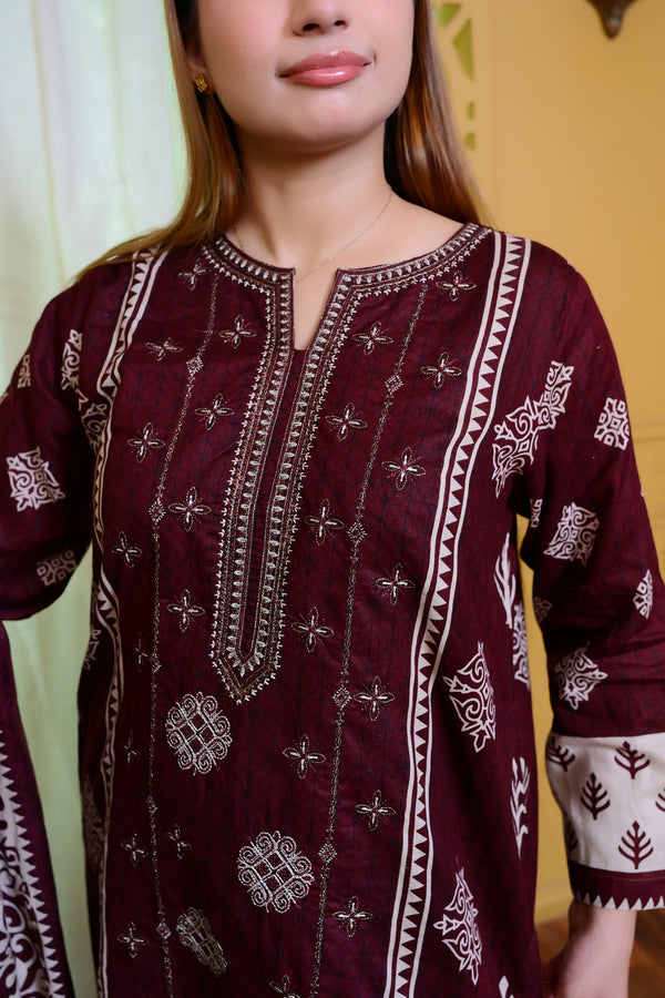 Embiodery Stitched Kurta Dupatta Trouser-0023