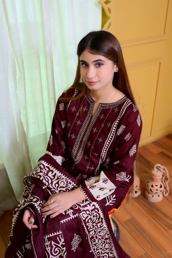 Embiodery Stitched Kurta Dupatta Trouser-0023